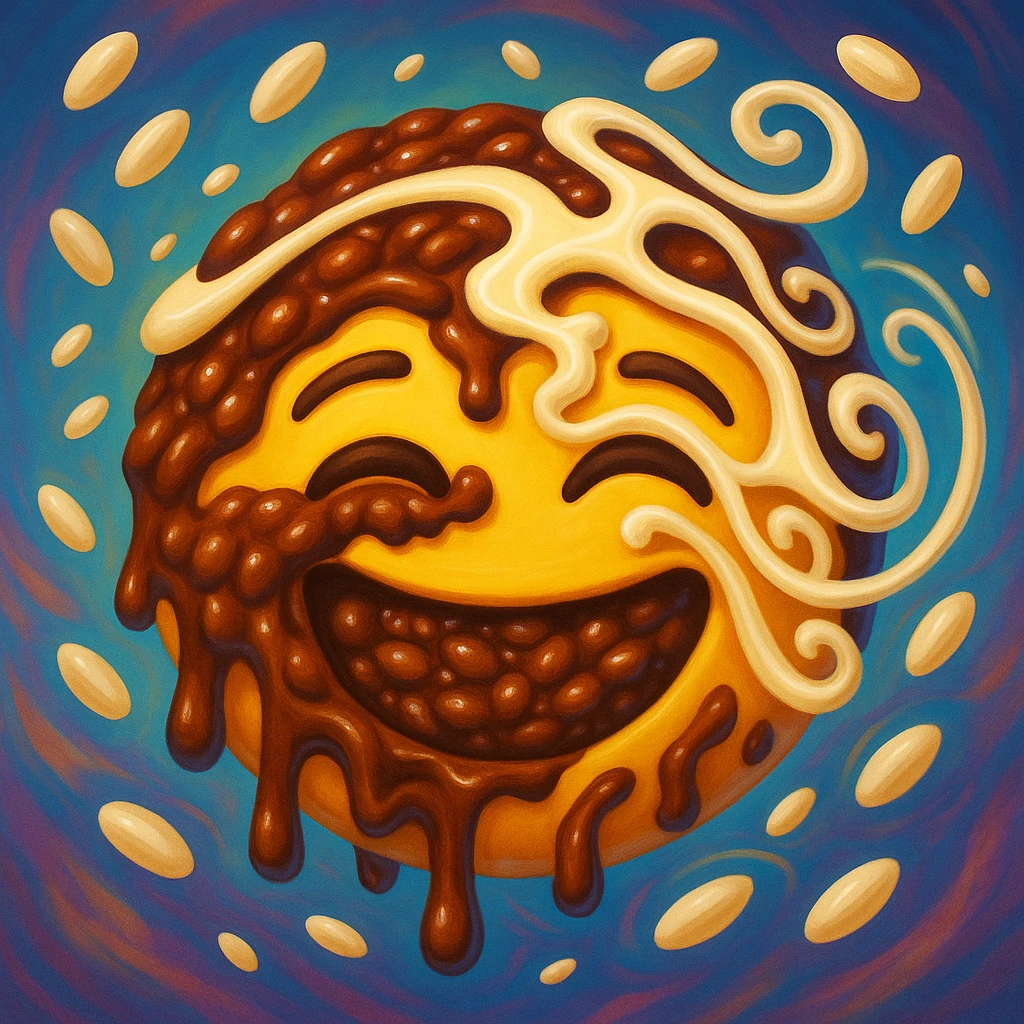 surreal emoji of champorado with dreamlike elements, melting chocolate rice porridge, floating rice grains, whimsical swirls of condensed milk, vibrant colors, playful and imaginative expression emoji