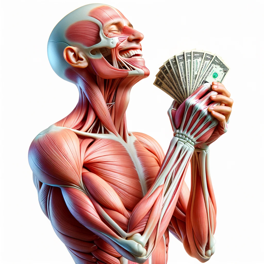 corpo umano anatomico sereno e felice con una buona opportunità per le mani insieme a banconote, iperrealistica 4k, isolato su sfondo bianco emoji