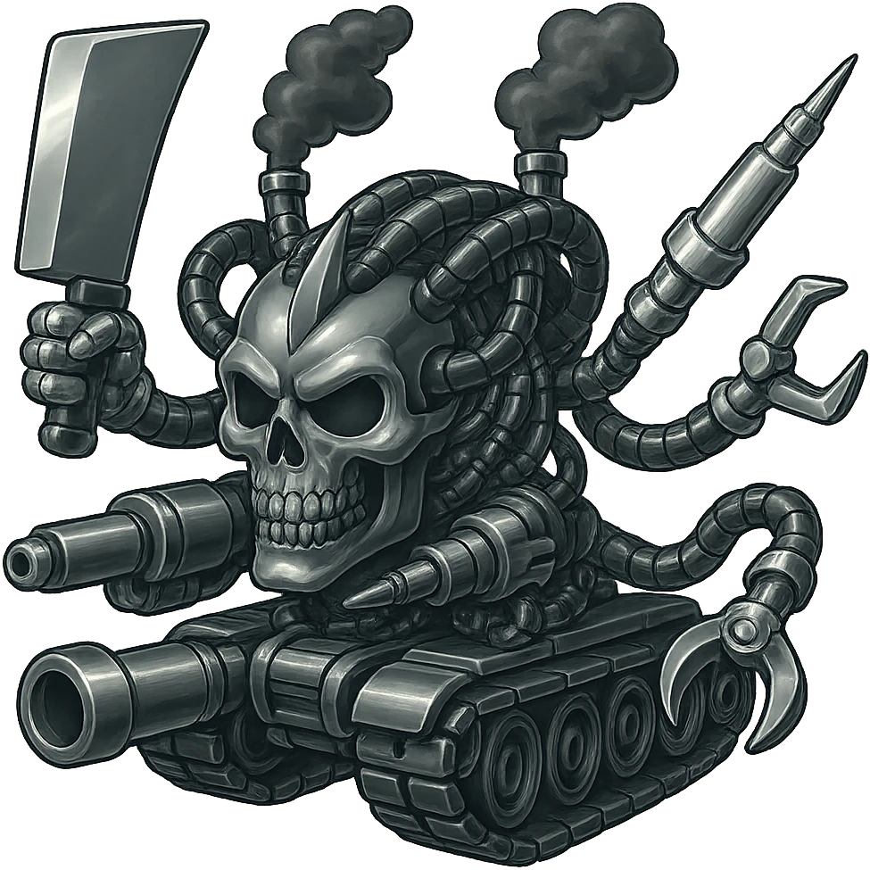 Edit the skull robot tank to have 4 distinct arms, each hand holding a different weapon: a large industrial blade, a blaster, a menacing syringe, and a claw. All exterior metal should be shiny silver grey, inside cables and tech almost black. Smoke from the top is dark shaded smoke. Keep everything else as is, with clean outline, compact proportions, and transparent background in retro stickers style. emoji