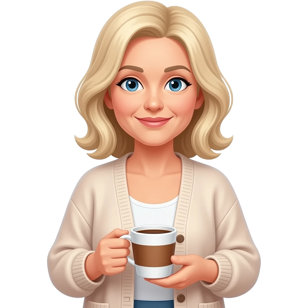 WHITE BLOND WOMAN IN HER 40S WITH SHOULDER LENTH HAIR IN FLOWY CARDIGAN HOLDING A CUP OF COFEE emoji