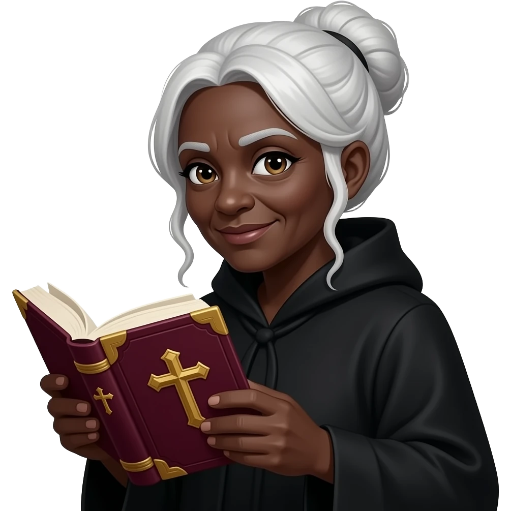 wise old woman with white hair tendrils in a bun black skin robe with burgundy book that has a cross on it emoji