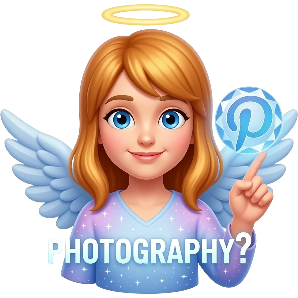 An ethereal blue eyes, glowing amber hair, angel, hand made of starlight holding a crystalline Pinterest logo on right hand, pointing at self. A glowing, bokeh text: 'PHOTOGRAPHY?' on the bellow left hand. Glowing nebula colors, isolated on white, bold 3D icon emoji
