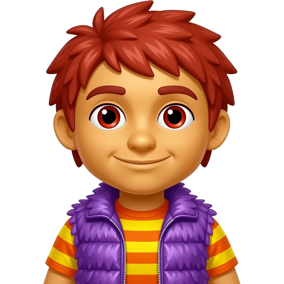 Moe Doodle from The Doodlebops with yellow-orange skin, red eyes, medium red shaggy hair, orange and yellow striped metallic shirt, purple metallic shaggy fur vest emoji