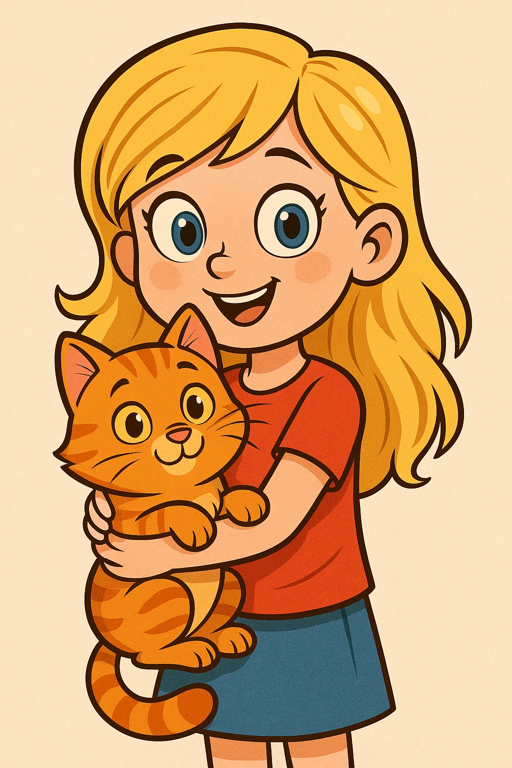 a blonde girl with blue eyes holding an orange tabby cat, cartoon style emoji