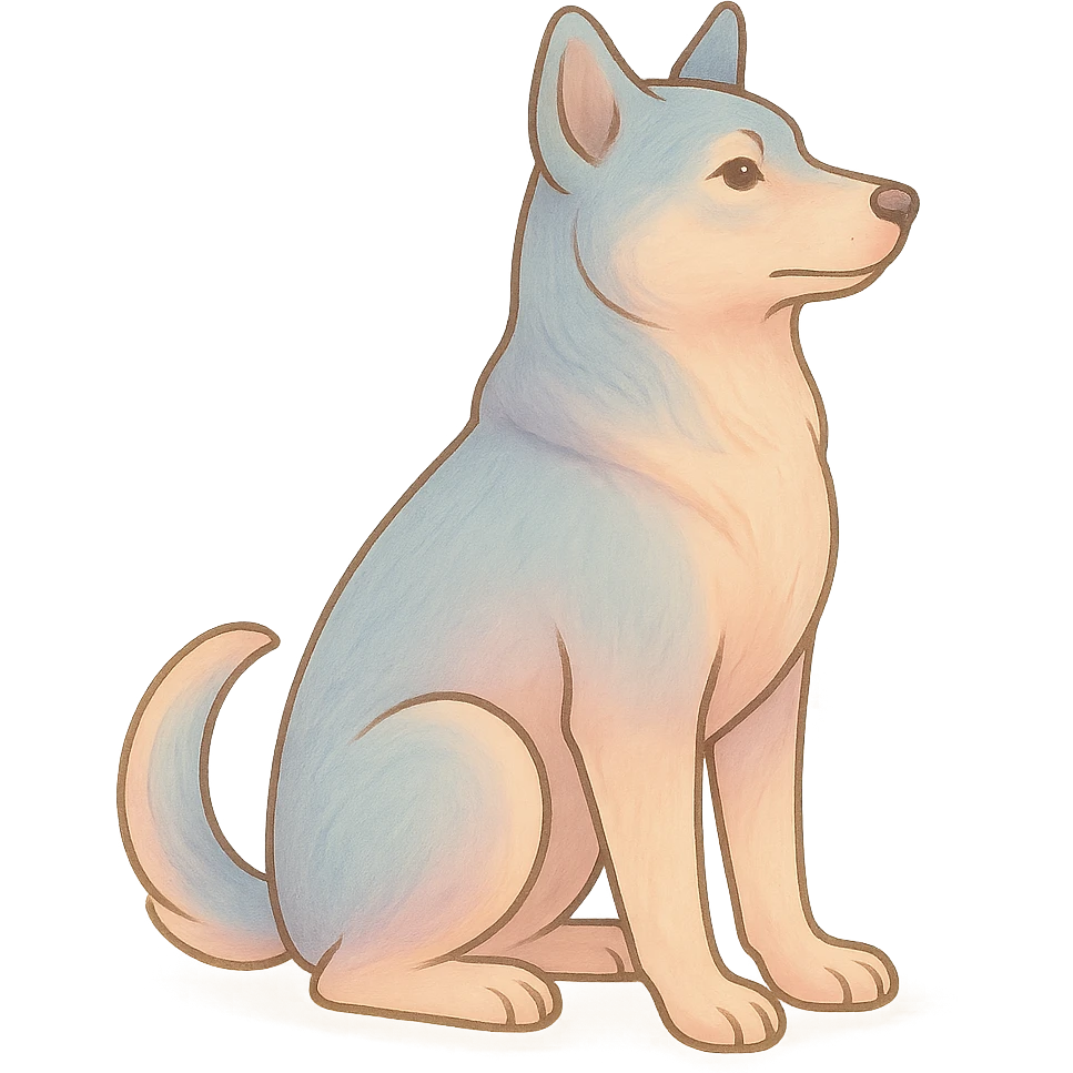 Edit the image to depict a dog as the symbol of the year in Feng Shui, in a Chinese Eastern style. Use thin, clean contours and soft rounded shapes. Apply a pastel palette with colors #98B5BC, #B5B3C1, #C9A3C9, #E4C0CA, #F7DCD1, #F7C0AA. Include detailed shadows and highlights with soft lighting. Keep the silhouette and appearance as in the reference. Make it less cute and without decorative elements. Transparent background. emoji