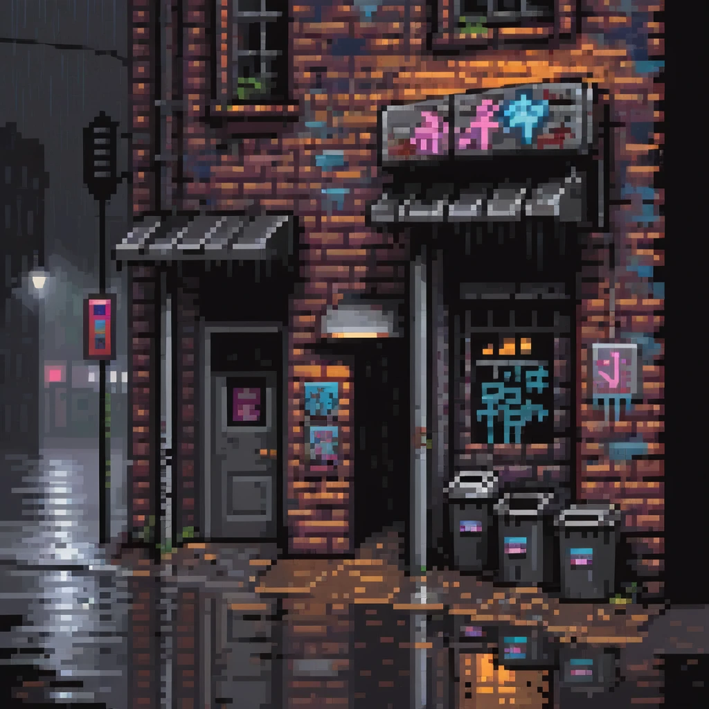 Pixel art background in side-scrolling view, inspired by classic Sega fighting games. Dark urban street in front of an old brick building, with graffiti, broken windows, metal door, trash cans, flickering neon sign, and a streetlamp. Gritty atmosphere, nighttime, subtle rain puddles on the ground. emoji