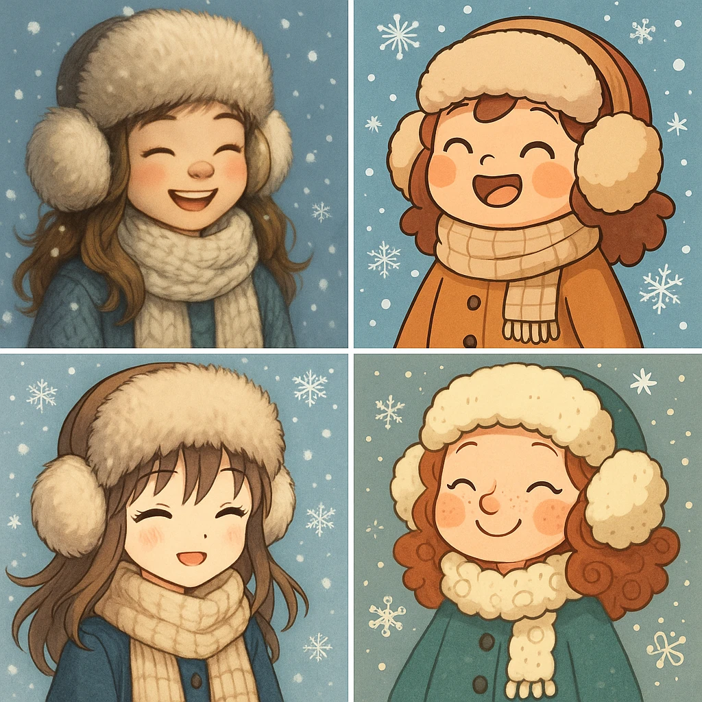 cute winter girl, wearing fur hat and earmuffs, snowflakes, diverse styles emoji