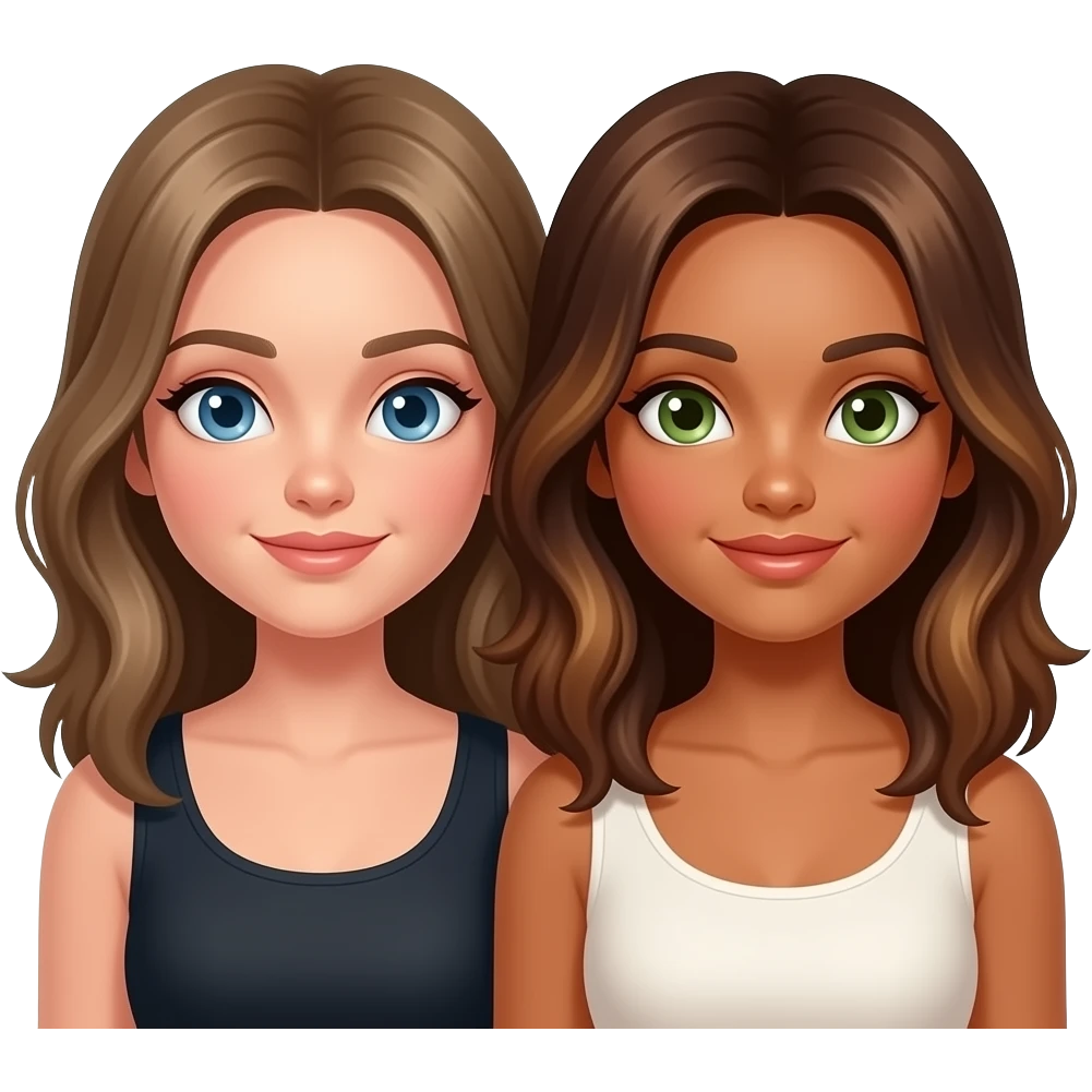 Bestfriends one girl lightly tanned with darkish blonde hair and blue eyes other girl tanner with green eyes brown hair with highlights emoji