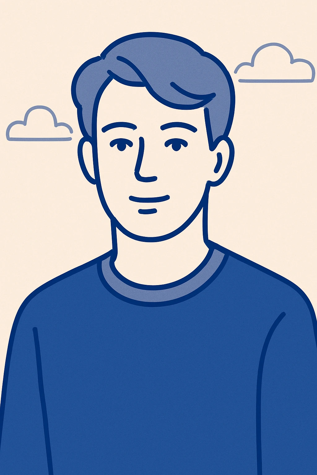 portrait of a guy with dark blonde hair and blue eyes, neutral background, modern illustration style emoji