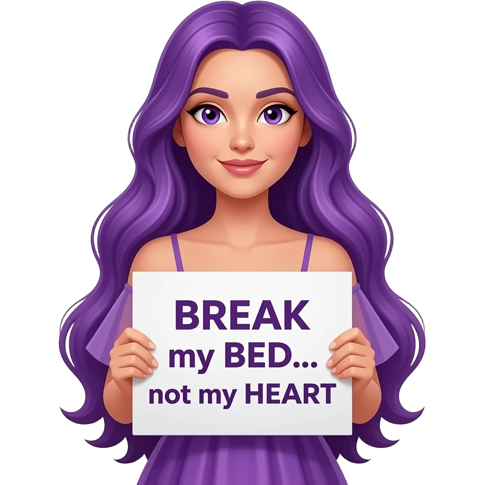 sexy girl with long purple hair and purple eyes wearing a dress holding a BREAK my BED... not my HEART sign emoji