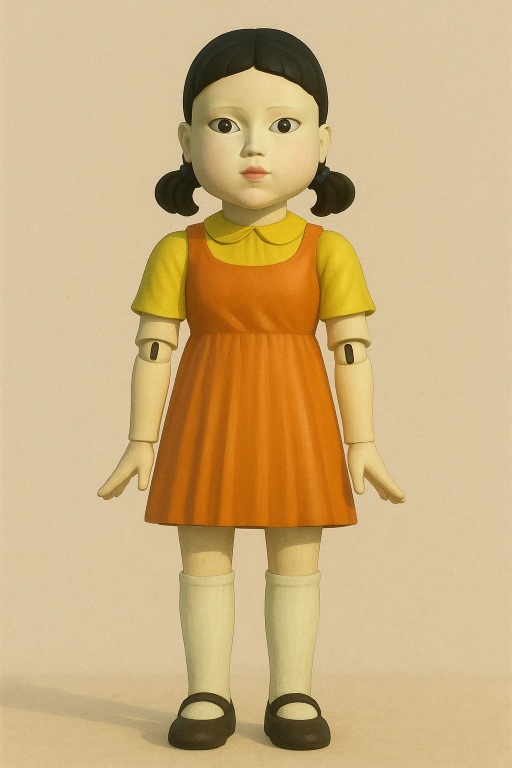 Red Light Green Light doll from Squid Game, yellow and orange dress, pigtails, standing, simple background emoji