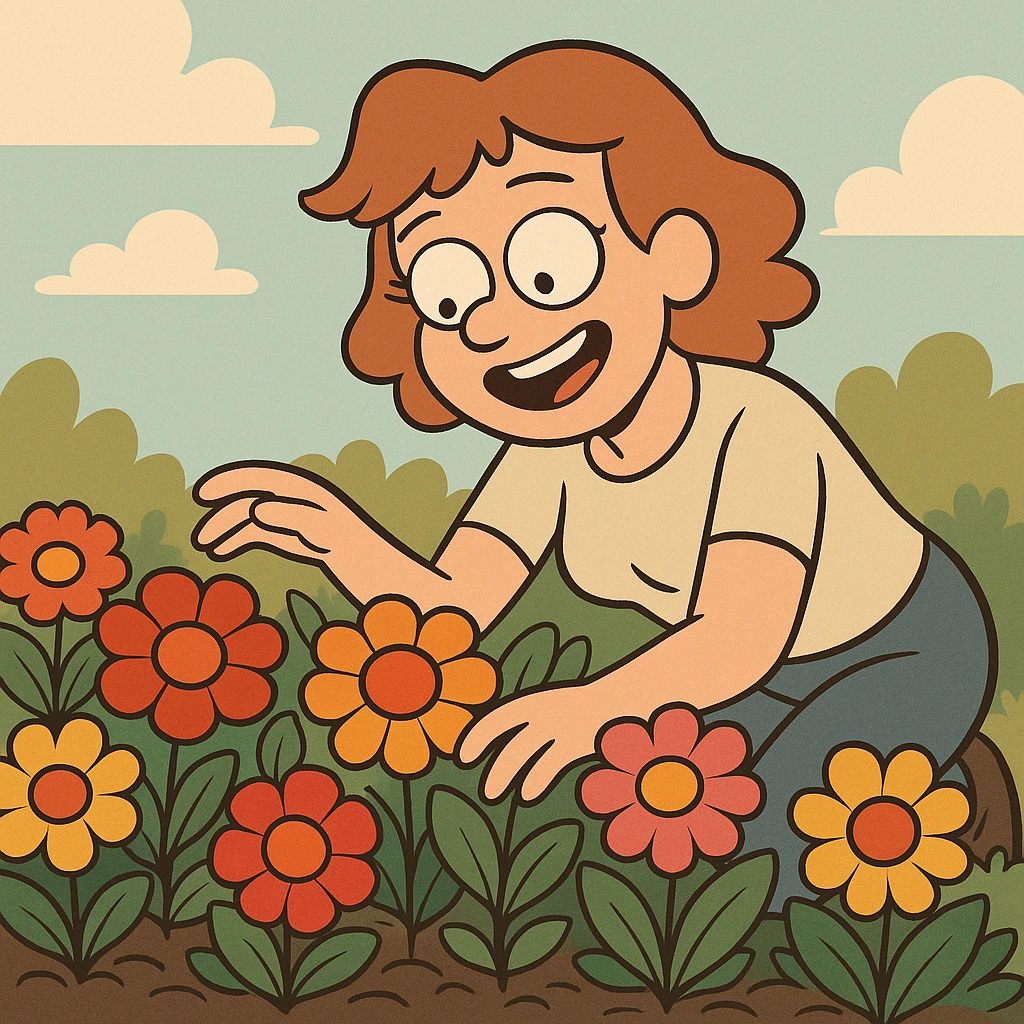 flower bed, cartoon style, vivid colors, round flowers and leaves, lively feeling emoji