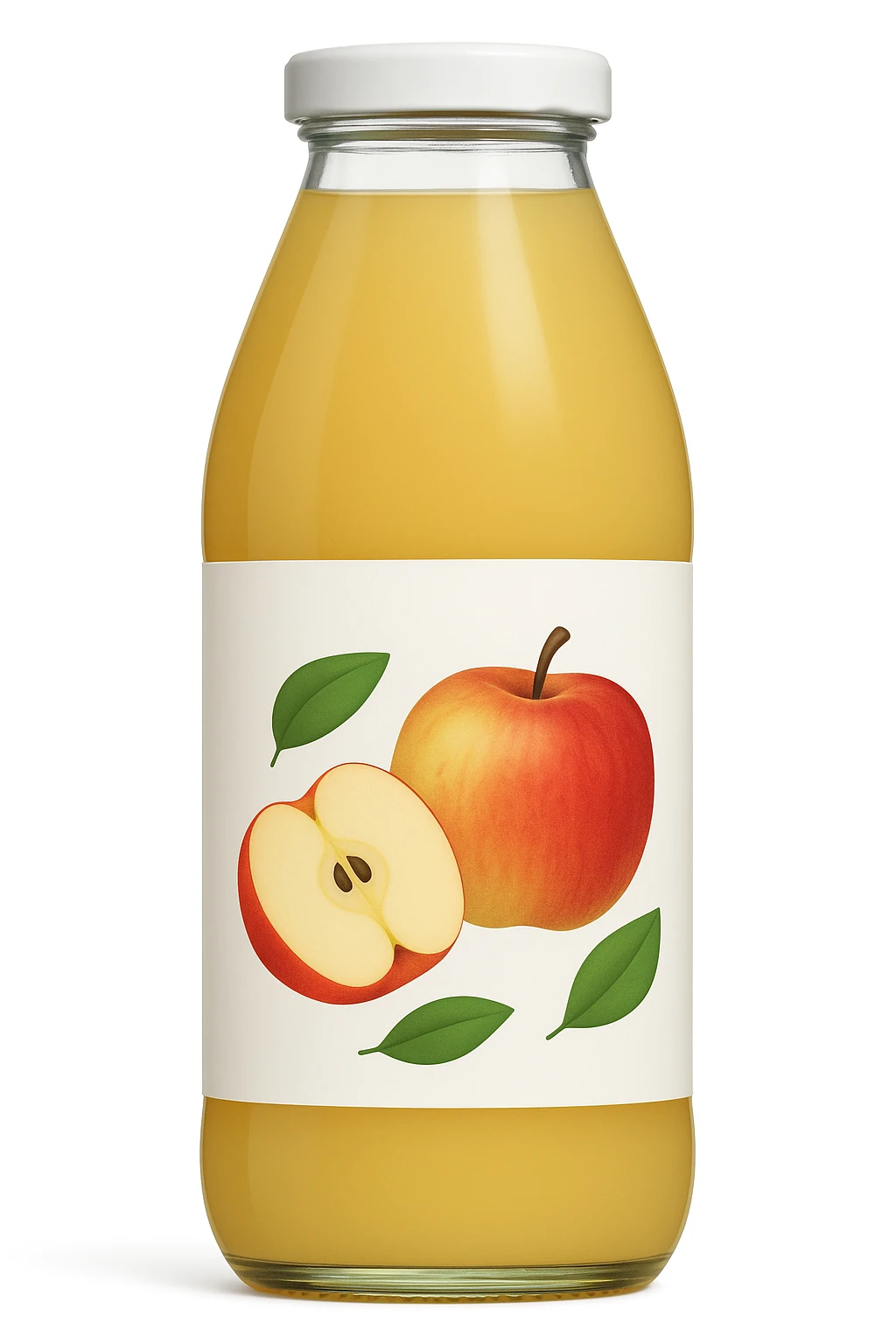 Change the juice and label to apple flavor, with an apple illustration on the label, matching the style and bottle shape of the reference image. emoji