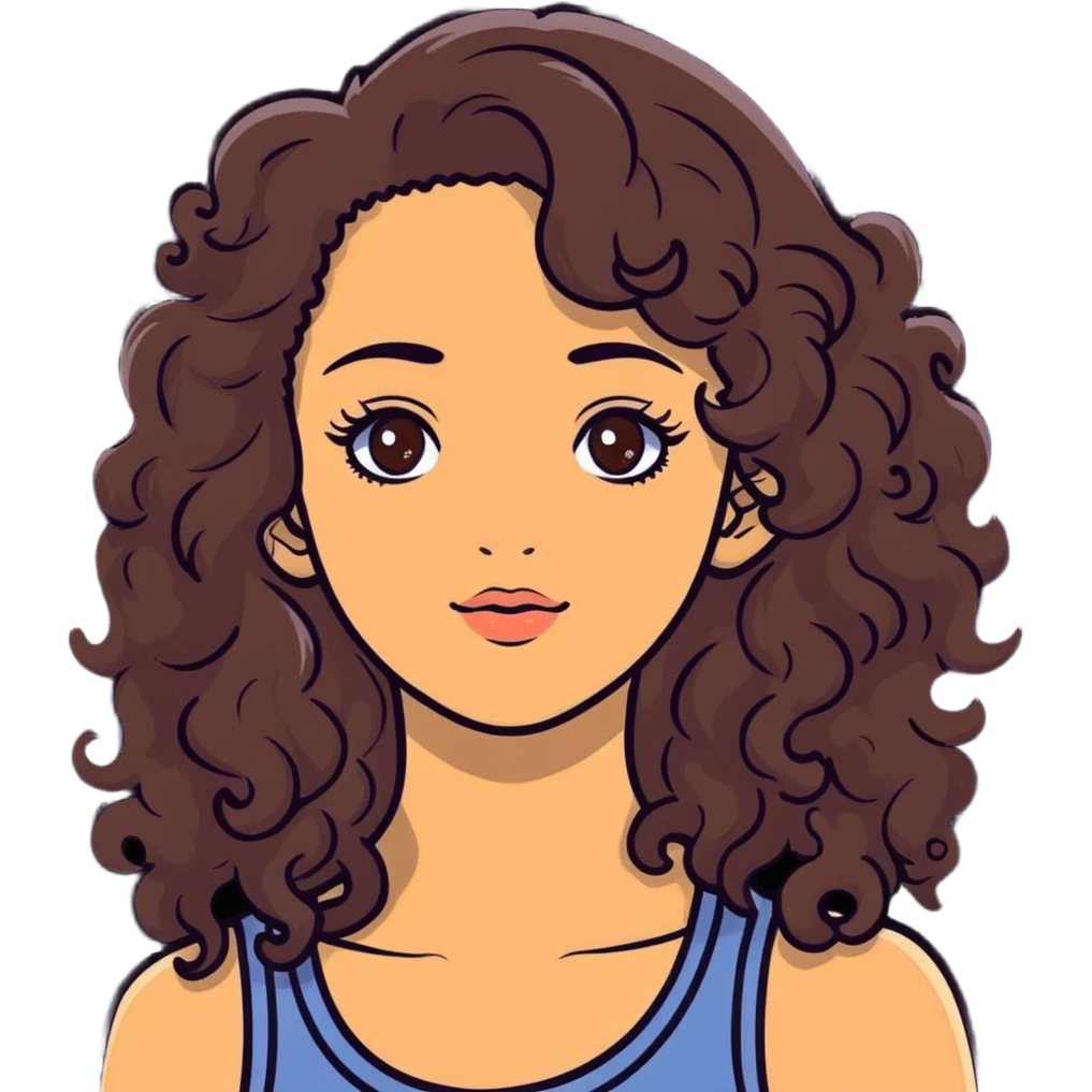 young woman with long curly brown hair, hazel eyes, long eyelashes emoji