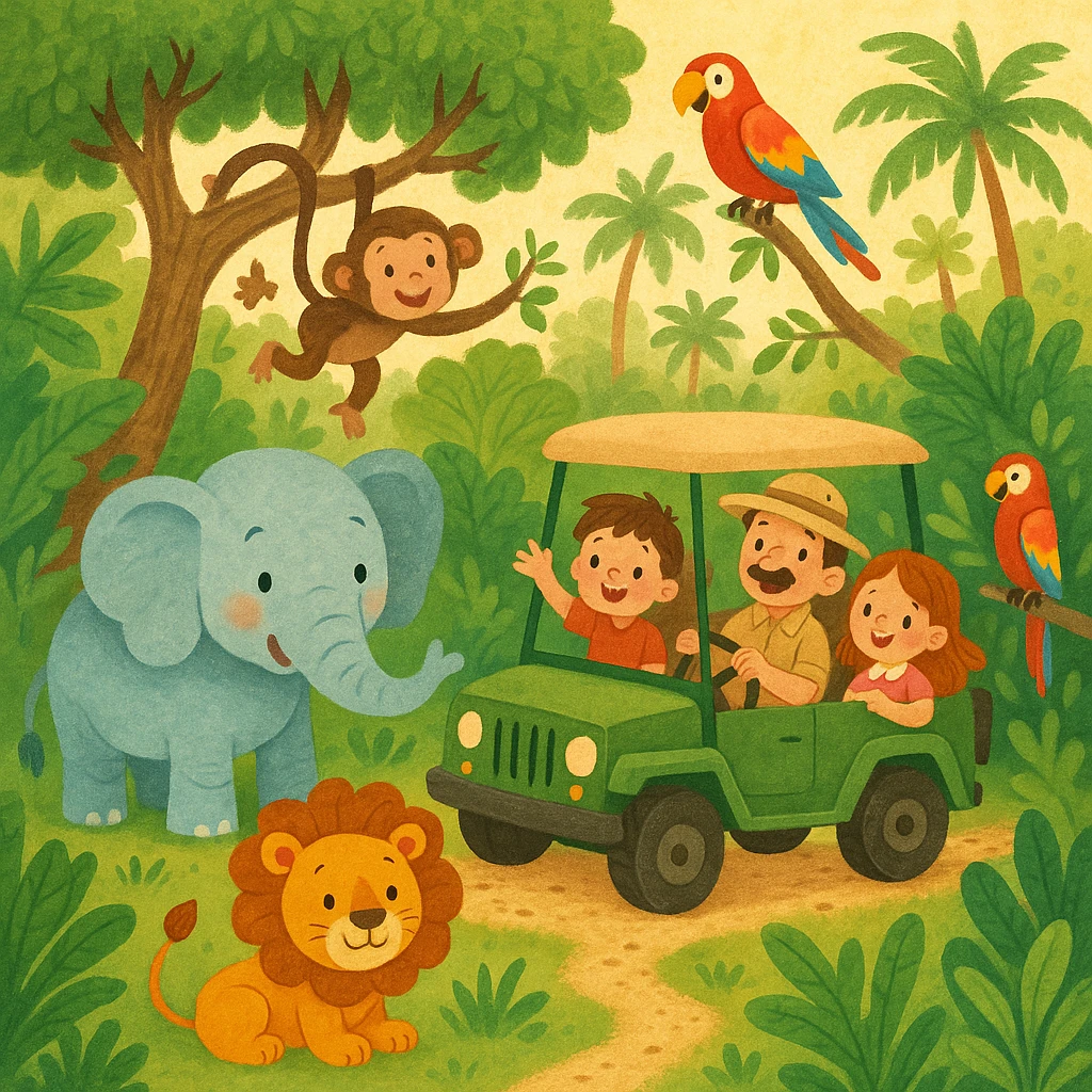 digital illustration of jungle safari in the style of children's story book emoji