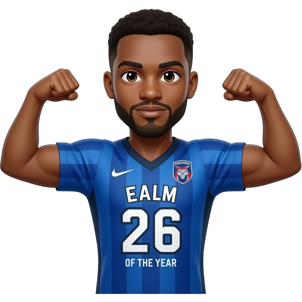 Black man with goatee double arm flex wearing fc26 team of the year jersey  emoji