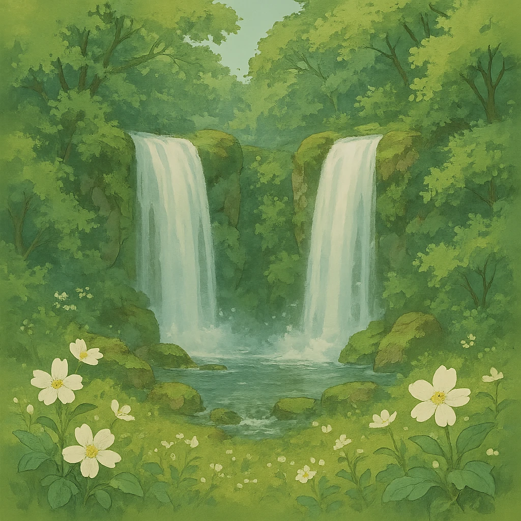 double waterfall in forest, some white flowers, natural colors, soft, fairy-like atmosphere, no background, square size emoji