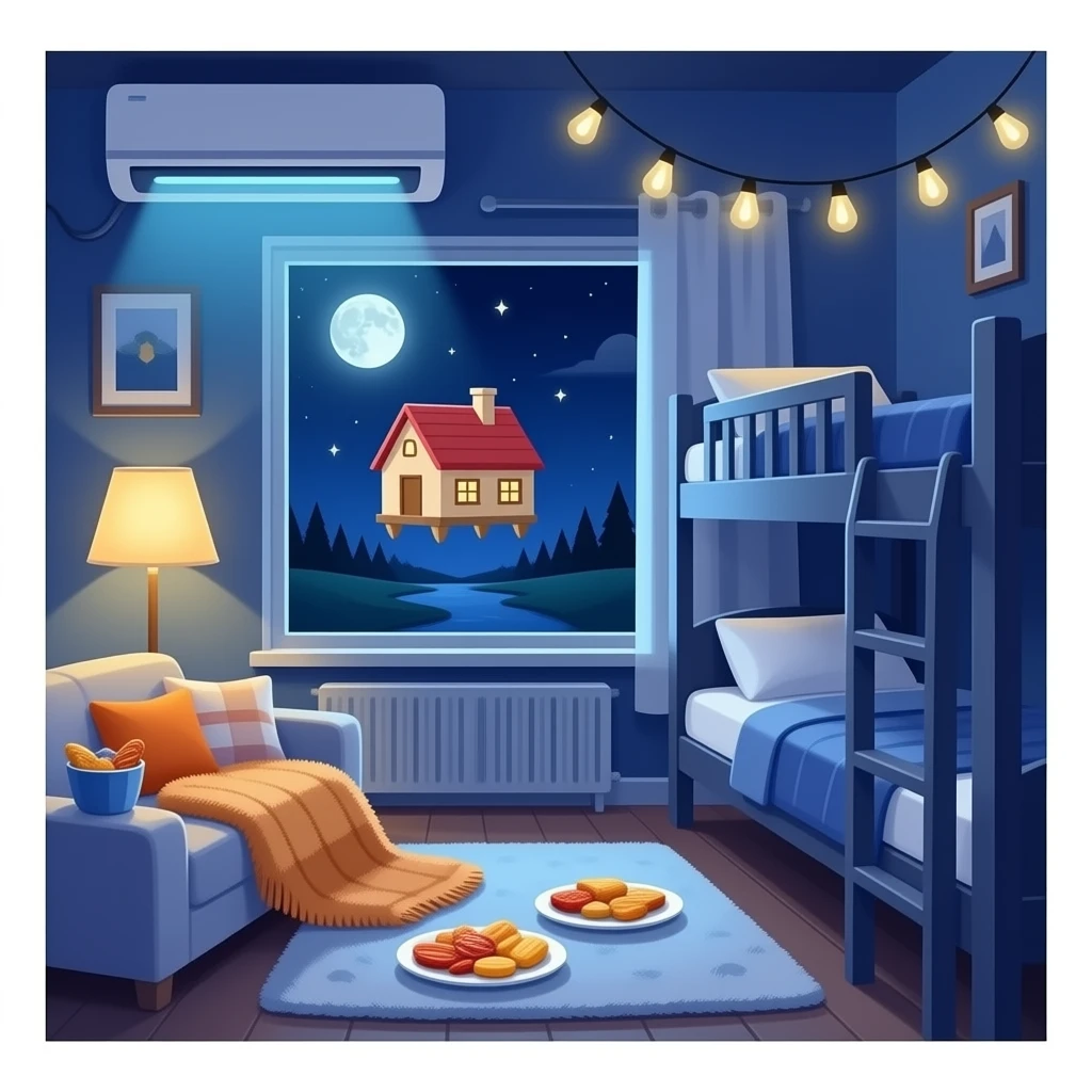 Yummy snacks and ldc lights  and cozy fuzzy blankets and a flying home  in night and a cozy moon and a big window and snacks and inside the house is flying and thers a aircon and a bucnk bed emoji