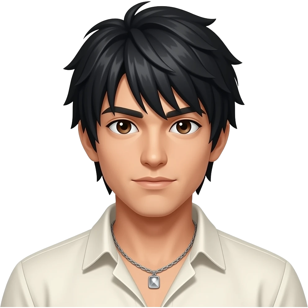 CoryxKenshin with dark brown eyes, black hair, ivory metallic shirt, silver necklace emoji