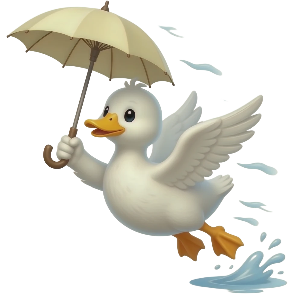 a white cute duck balanced by a parasol in the air blown by a gust of wind emoji
