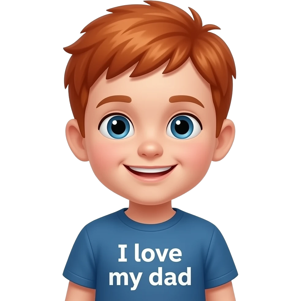 a 5 year old boy with red hair smirking with a shirt that says I love my dad emoji