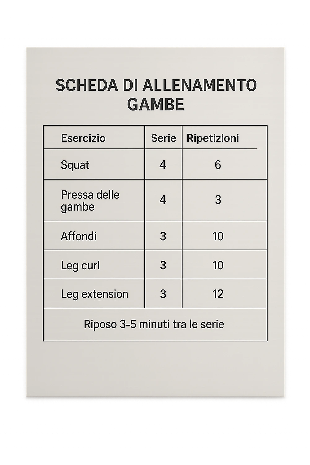scheda di allenamento gambe in italiano che segna 3-5 minuti di recupero tra le serie, vista dall'alto, iperrealistica 4k emoji