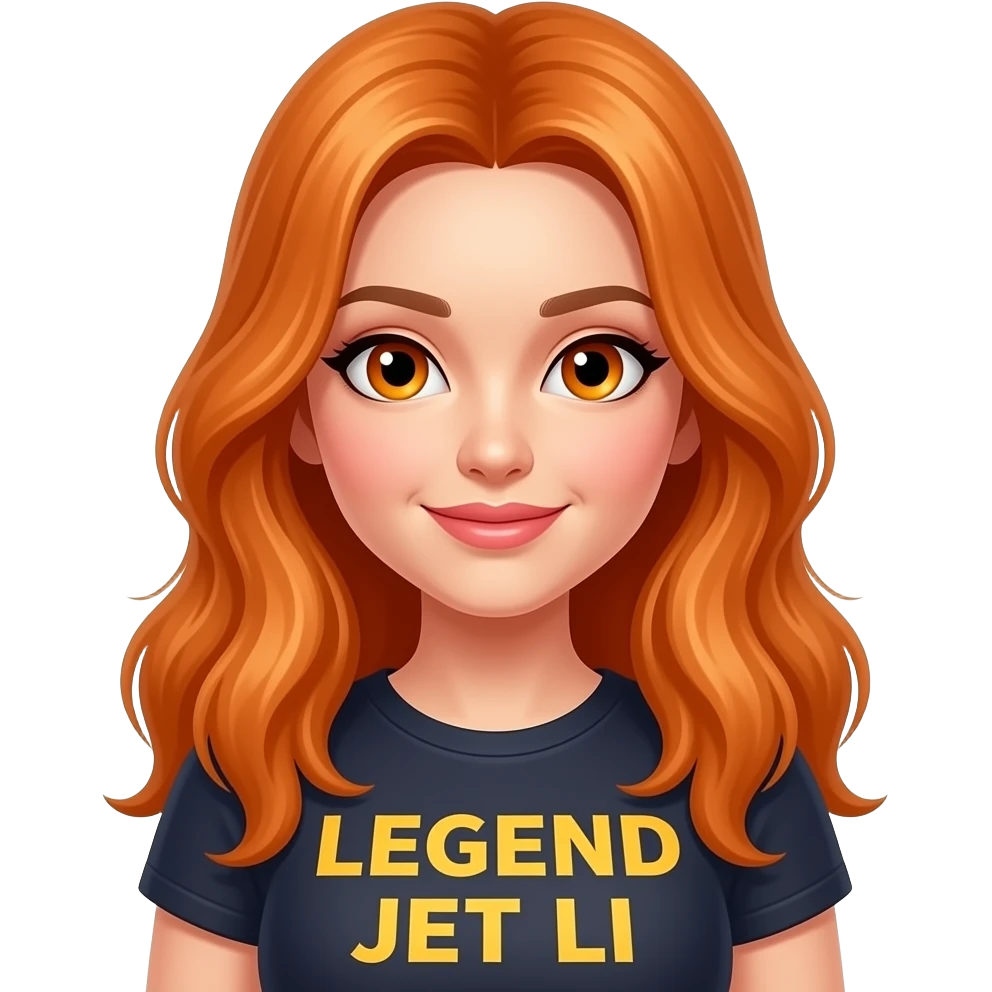 sexy girl with long ginger hair and ginger eyes a top with LEGEND JET LI written on it emoji