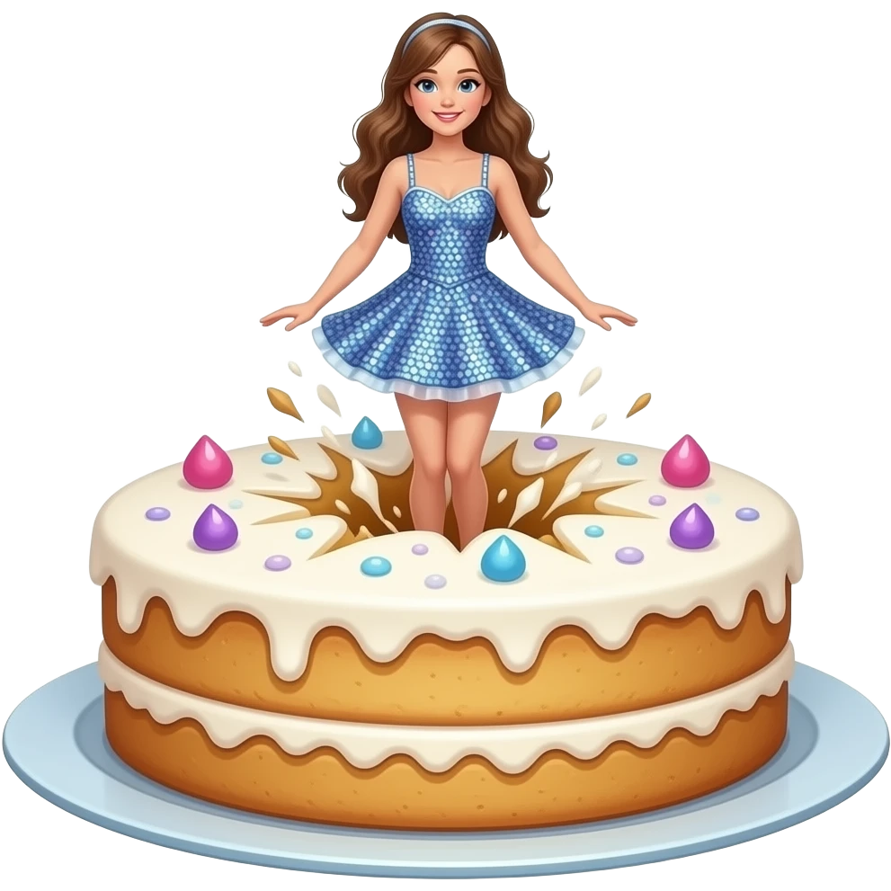 dancing girl bursting out of the top of a layer cake in a sequinned dress emoji