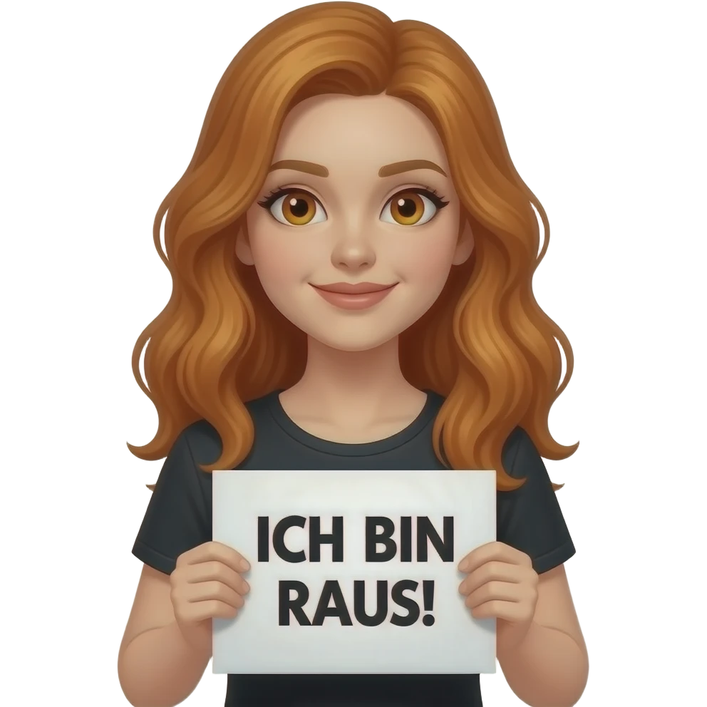 sexy girl with long wavy ginger hair and ginger eyes wearing a black tanktop is holding a white sign with ICH BIN RAUS! written on it emoji