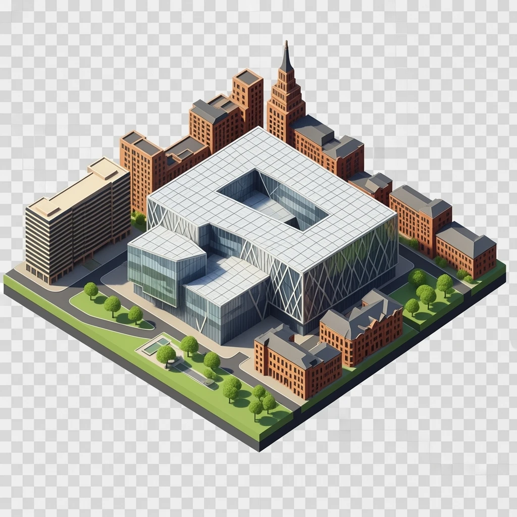 Isometric illustration of Birmingham, photorealistic the Library of Birmingham with its modern architecture, balanced between stylized and realistic, 3D miniature effect, transparent background. emoji