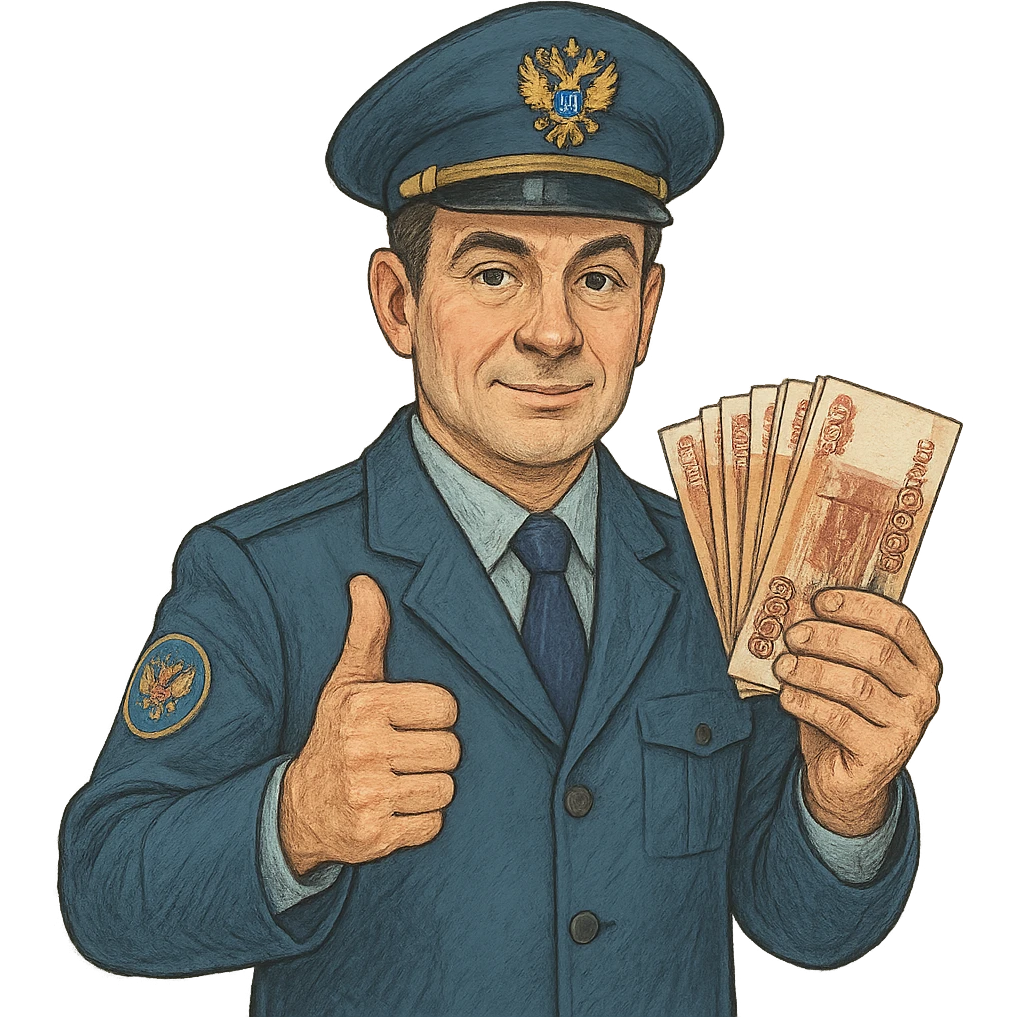 В слегка рисованном, но при этом объемном стиле инспектор ФНС держит пачку 5000 тысячных купюр, другой показывает класс и смотрит ровно на зрителя, прозрычный фон, не обрезать края картинки emoji