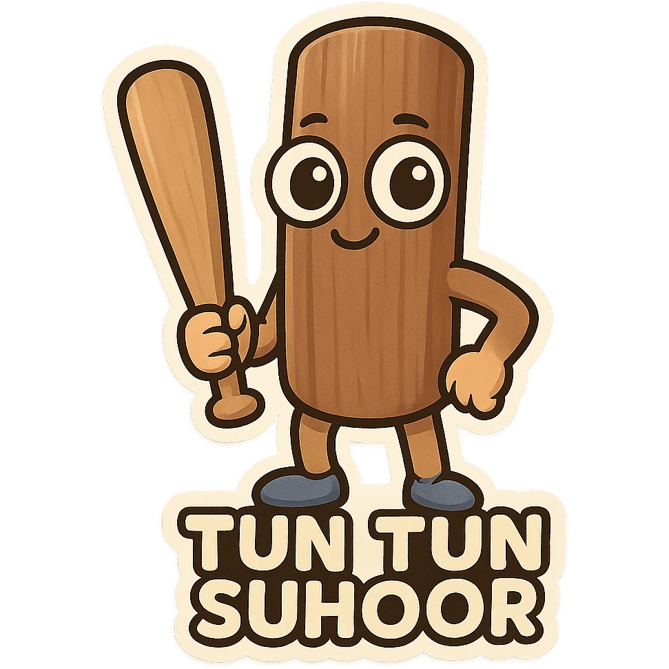 chibi emoji of Tun Tun Suhoor, wooden stick body with smooth brown texture, big cartoon eyes on the stick, small smile, human arms and legs, holding a wooden bat, absurd and funny meme style, no text emoji