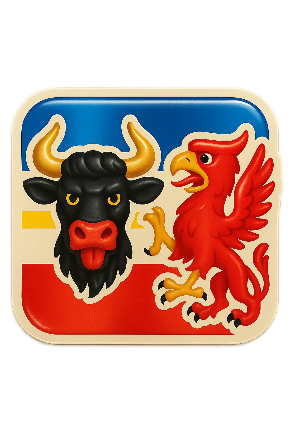 Mecklenburg-Vorpommern bull and griffin emoji, less cartoonish, with Mecklenburg-Vorpommern flag as background, no text emoji