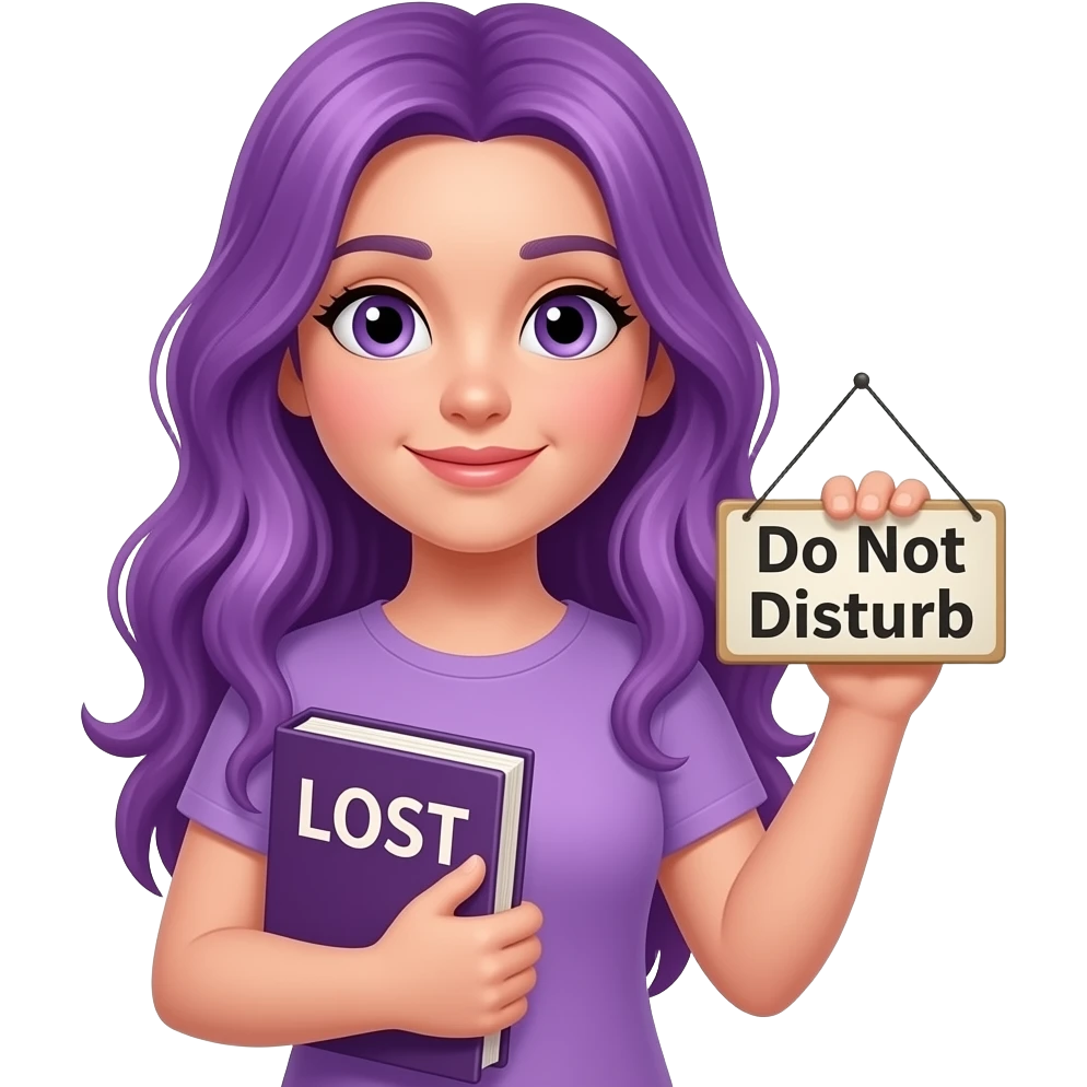 girl with long purple hair with a LOST in a BOOK... please do not ISTURB sign emoji