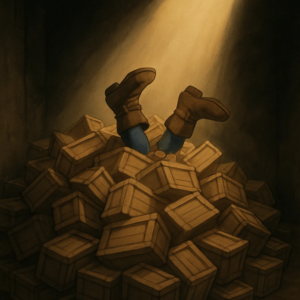 A pile of small oblong crates hidden in a dark area with a beam of light shining from above, with someone’s boots sticking out like they dove in emoji