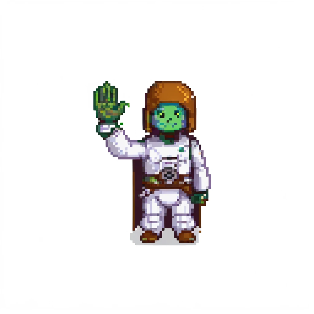 pixel art of a character waving and saying 'Hello there', inspired by Star Wars emoji