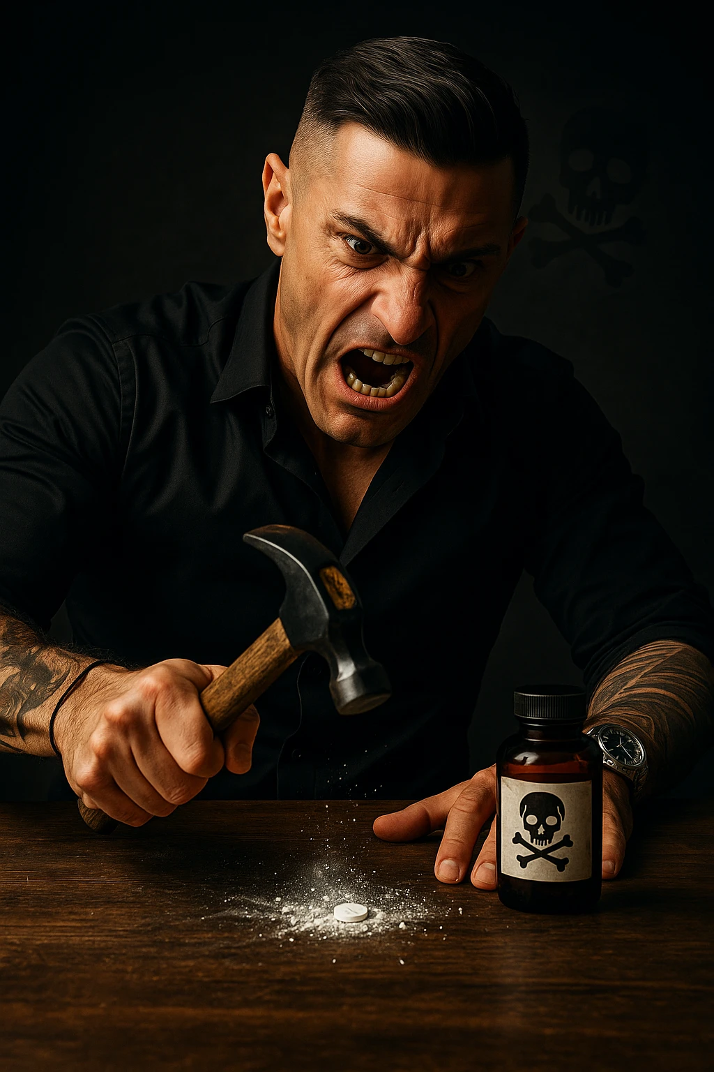 "Angry man crushing prescription pill with hammer on wooden table, expression of righteous fury against medical establishment, pill fragments scattering like defeated enemy, medicine bottle labeled with skull and crossbones in his mind, dramatic lighting showing his determination to reject pharmaceutical control, freedom from chemical dependency symbolized through destruction" emoji