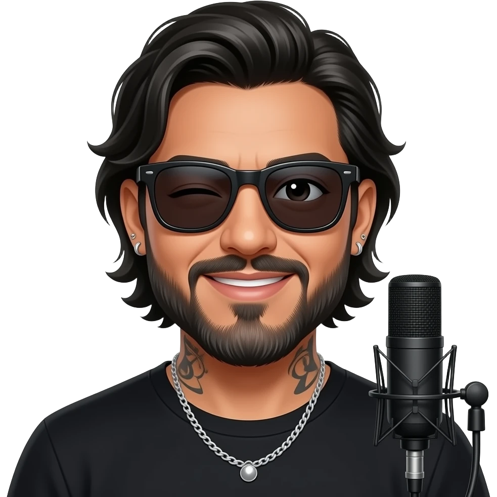 handsome, manly Latino podcast host with black colored eyes wearing black with silver jewelry, with medium length hair, a very long, lightly graying beard and tattoos, his ear pierced and right nostril as well, dark sunglasses. Winks with one eye very exaggerated emoji