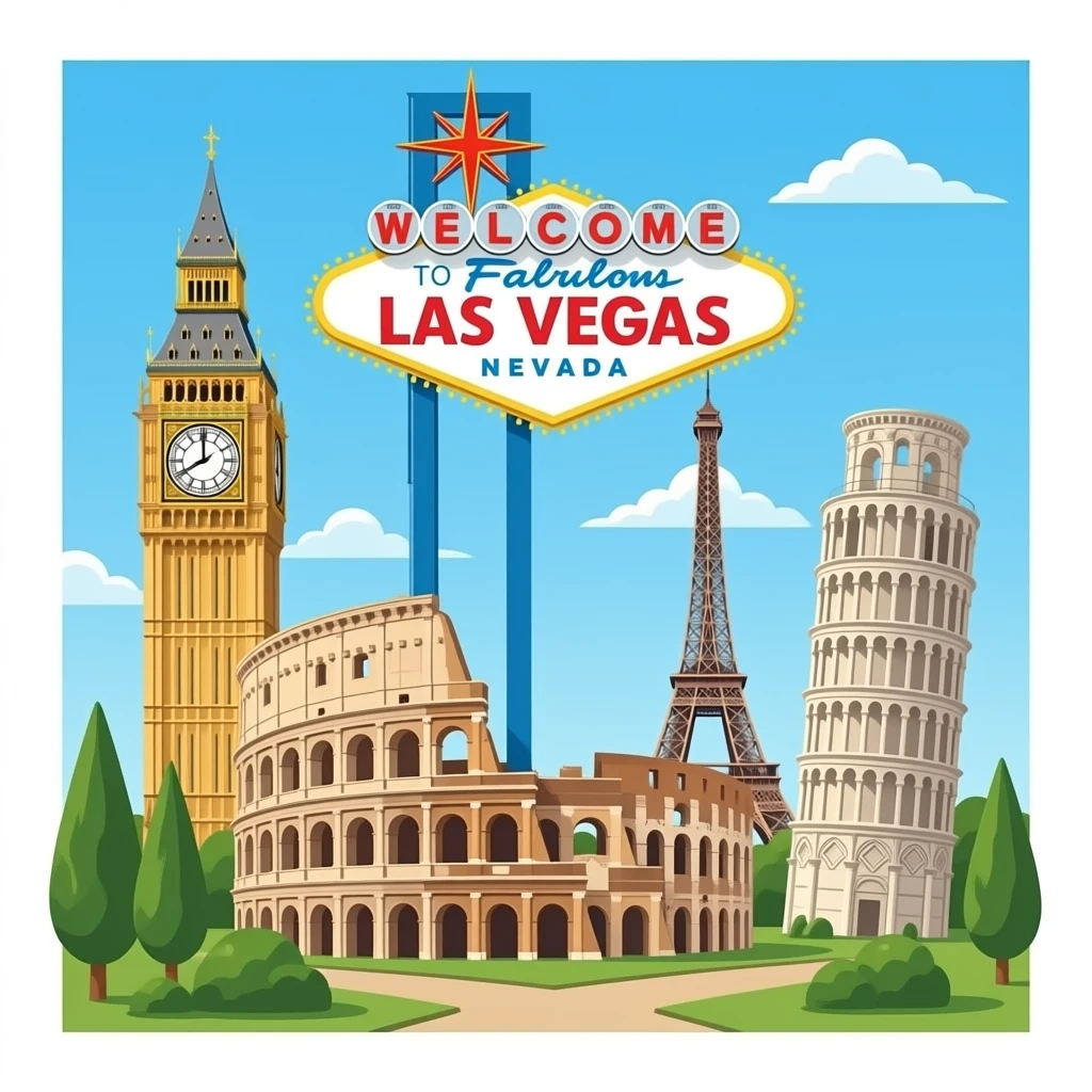 Las Vegas strip Big Ben and colosseum and Eiffel Tower and Pisa emoji