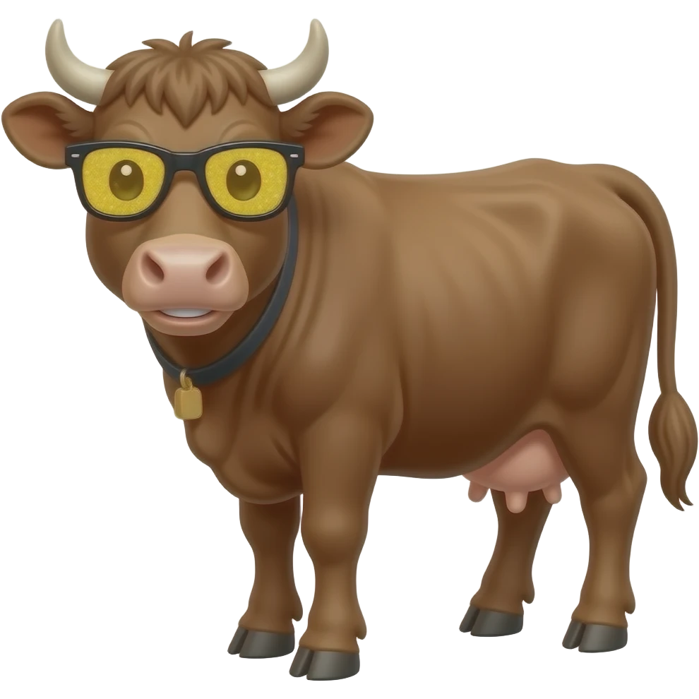 a whole body of brown wagyu cow but look at camera with a little smile but look cool and wear sunglasses with yellow sprakle on left side of glasses emoji