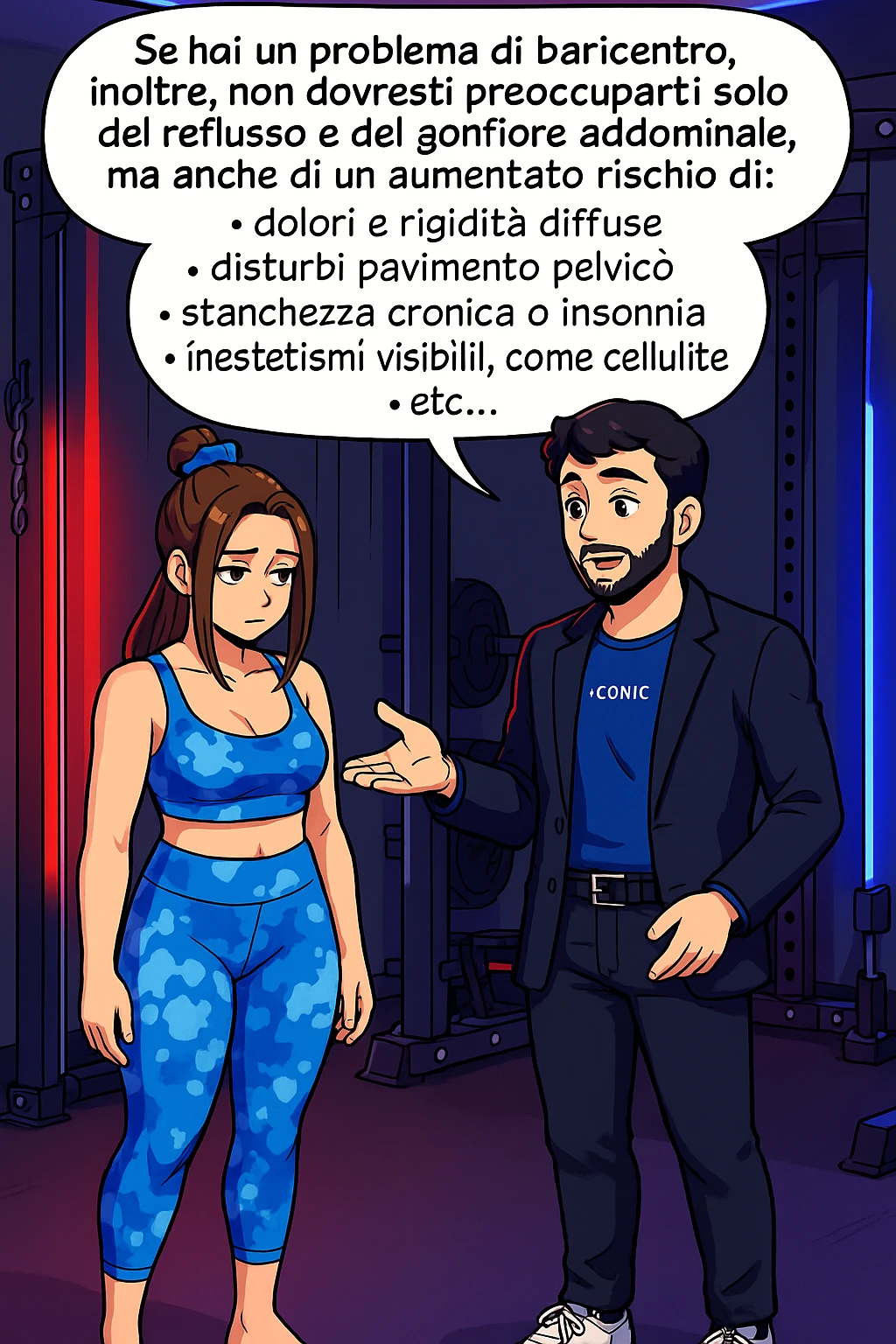 TRASFORMA QUESTO CAROSELLO IN UN FUMETTO STILE WEBTOON/MANGA A COLORI CON QUESTE DUE PERSONE IDENTICHE CHE INTERLOQUISCONO TRA LORO, L'uomo sta spiegando alla donna questo concetto:

Se hai un problema di baricentro, inoltre, non dovresti preoccuparti solo del reflusso e del gonfiore addominale, ma anche di un aumentato rischio di:
    • dolori e rigidità diffuse
    • disturbi pavimento pelvico
    • stanchezza cronica o insonnia
    • inestetismi visibili, come celluluite
    • etc… emoji