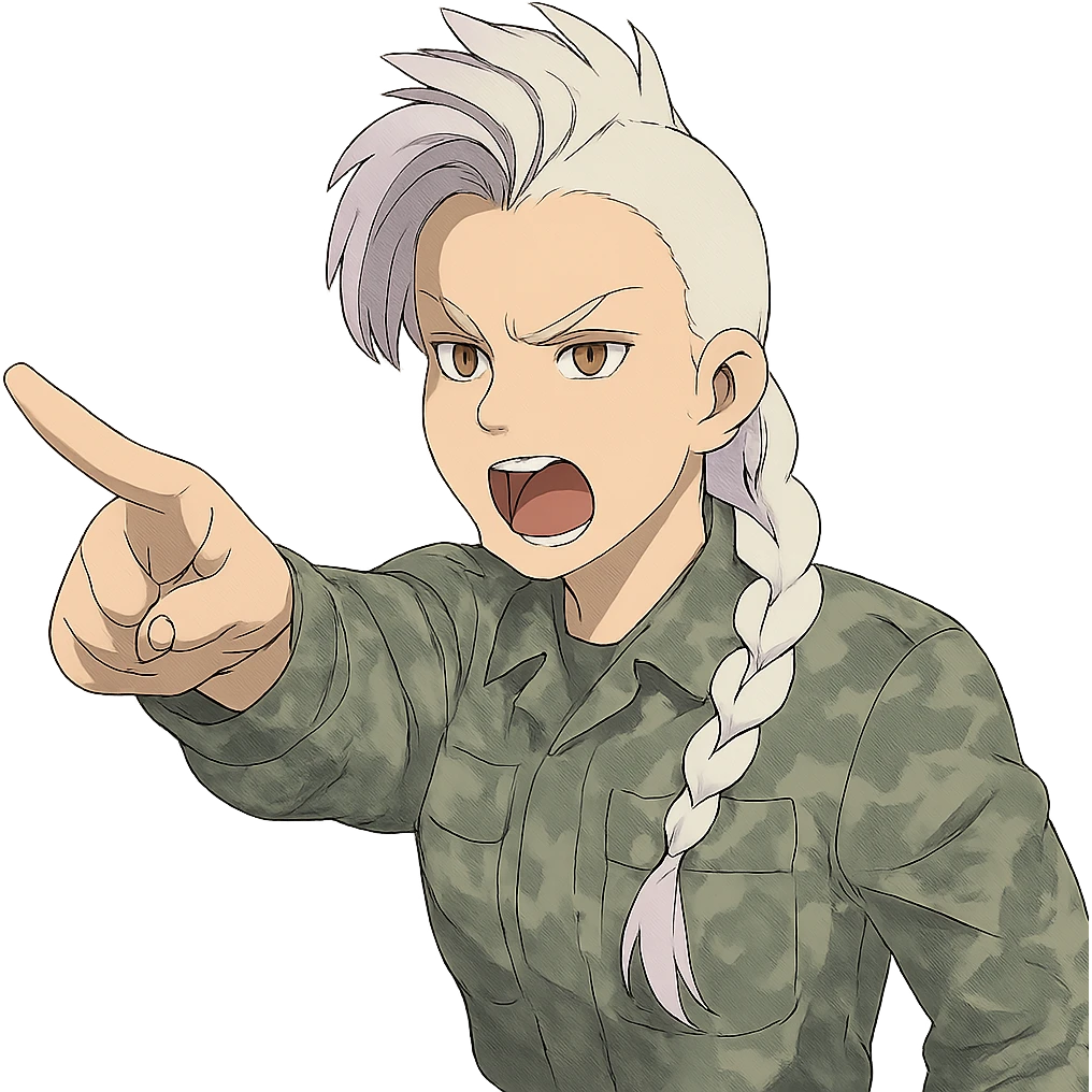 Style of Anime, 1 female, gold yellow eyes, white hair lavender tips, locks in front, mohawk, long white braid, she is a drill sergeant at work, focused facial expression, shouting command, eyes looking down in front of her, pointing a blade hand gesture to the forward direction, uniform of gray large scale digital camo emoji