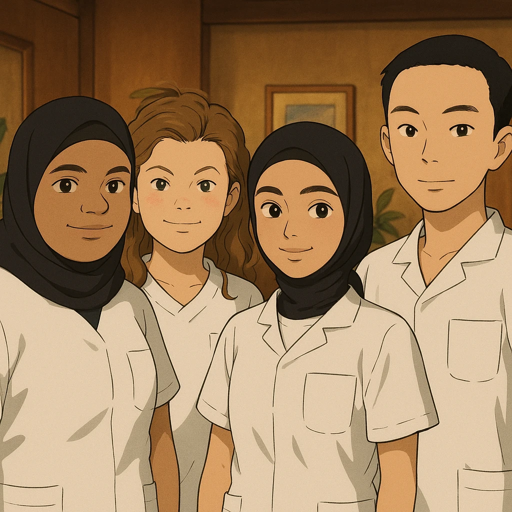 Four nursing students standing side by side in a warm indoor setting, wearing white medical tunic-style uniforms with short sleeves, V-neck collar, no collar at the neck, no undershirts or stethoscopes, left chest pocket visible, in Ghibli style. emoji