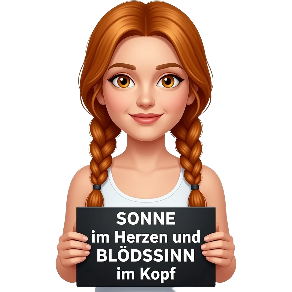 sexy girl with long ginger braids and ginger eyes wearing a white tanktop is holding a black sign with SONNE im Herzen und BLÖDSINN im Kopf written on it emoji