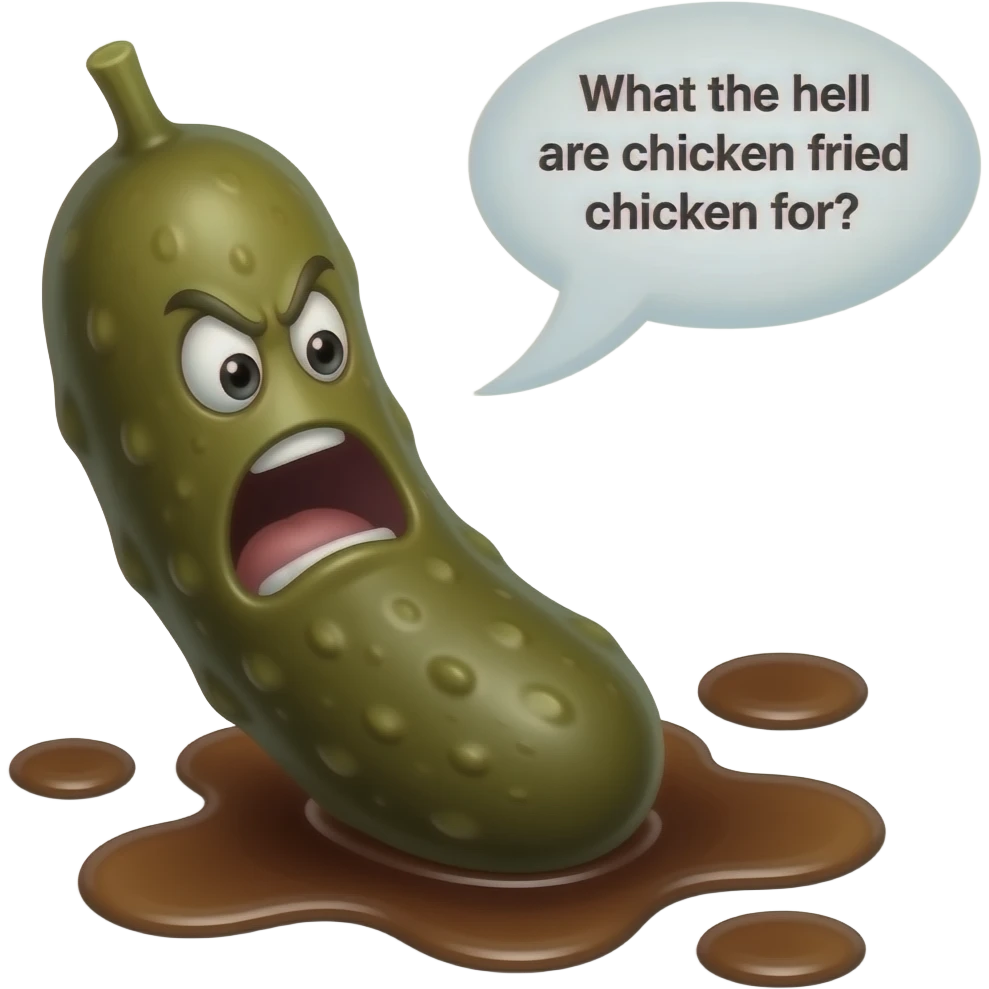 A dark brown pickle in a puddle of dark brown pickle juice is yelling angrily. A word bubble reads: "What the hell are chicken fried chicken for?" emoji
