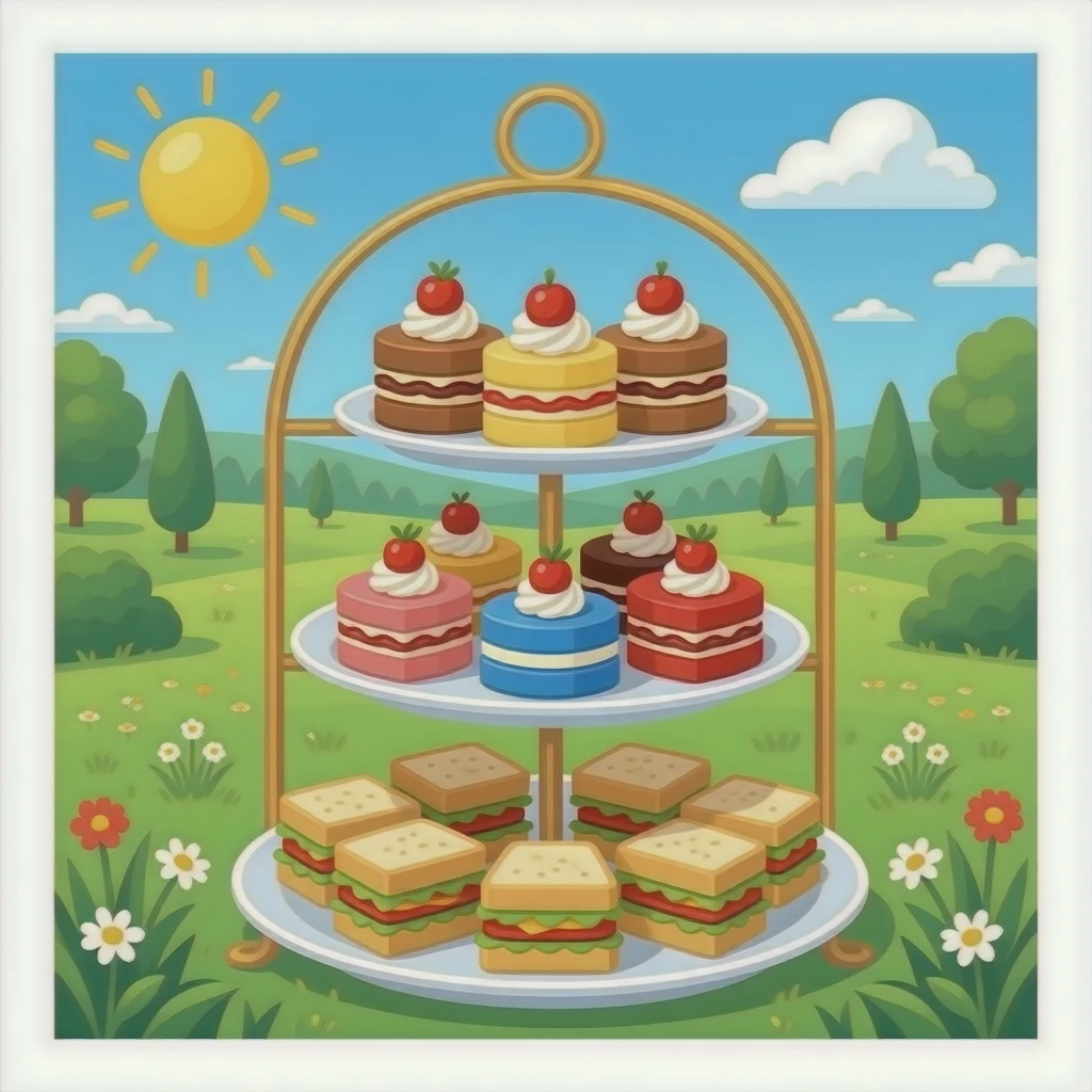Elegant afternoon tea stand with cakes and sandwiches in red, blue, and white emoji