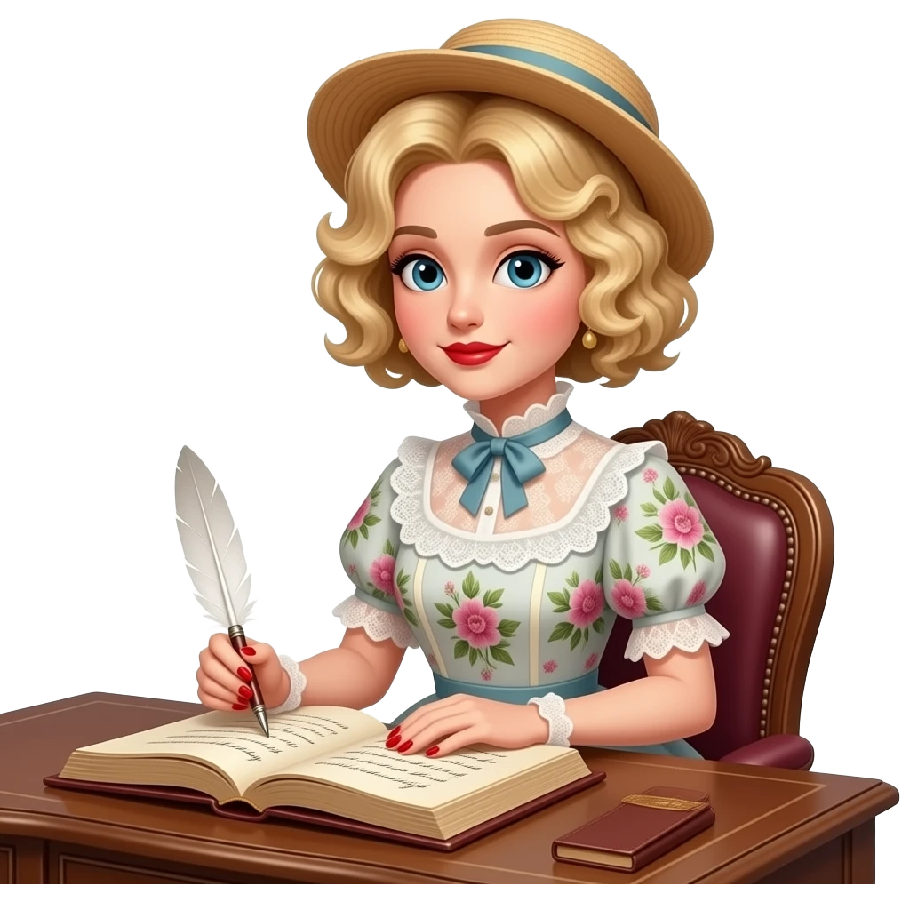 short blonde curly hair side swept bob writing in an antique book with a pen, Victorian floral dress, pinned up hair and hat with red lipstick, red finger nail on an antique desk emoji