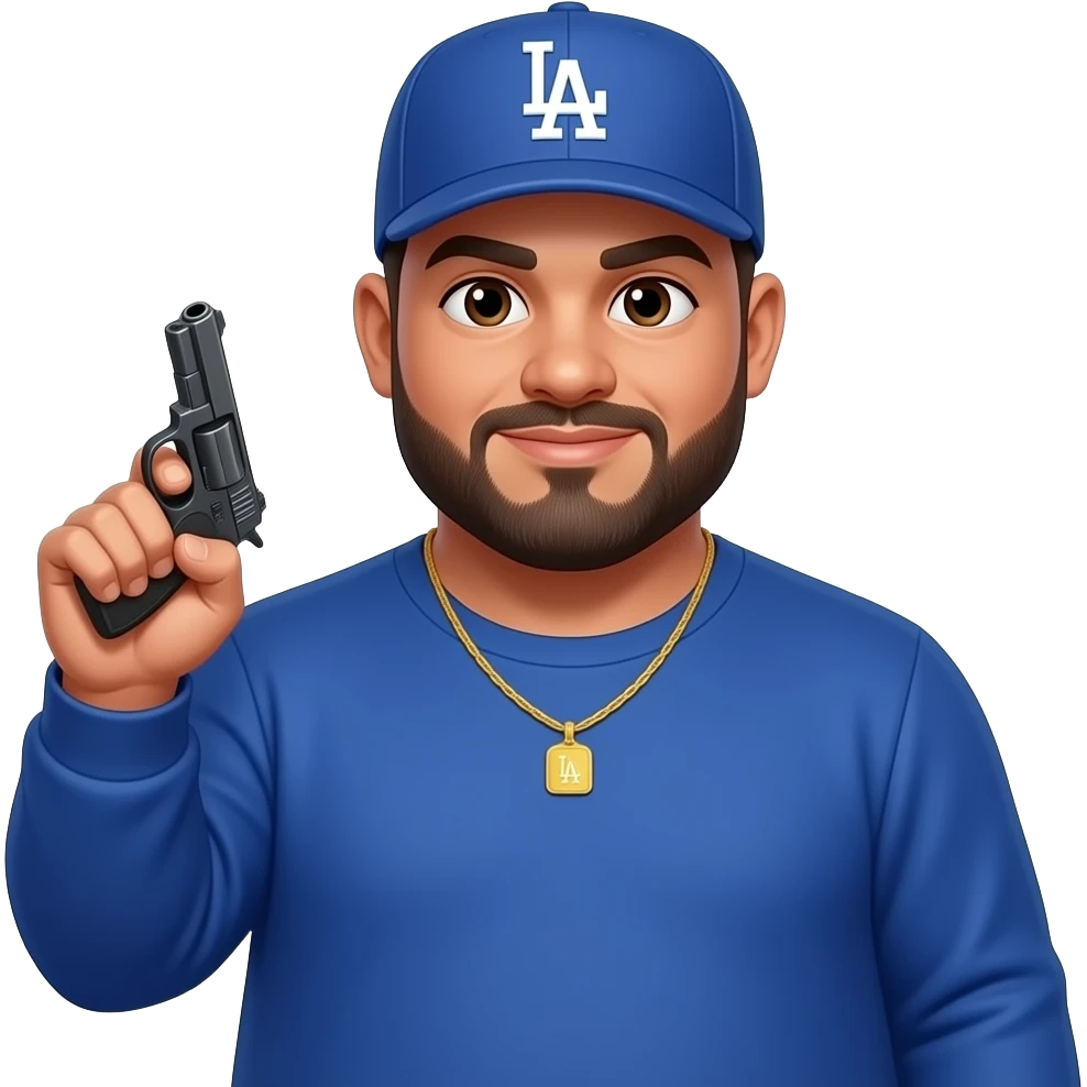 chubby man with a honey skin complextion with lightly shaved black beard wearing a blue Los Angeles Dodgers baseball cap wearing a long sleeve blue shirt wearing a gold tennis necklace pretending to shoot a gun with his fingers emoji