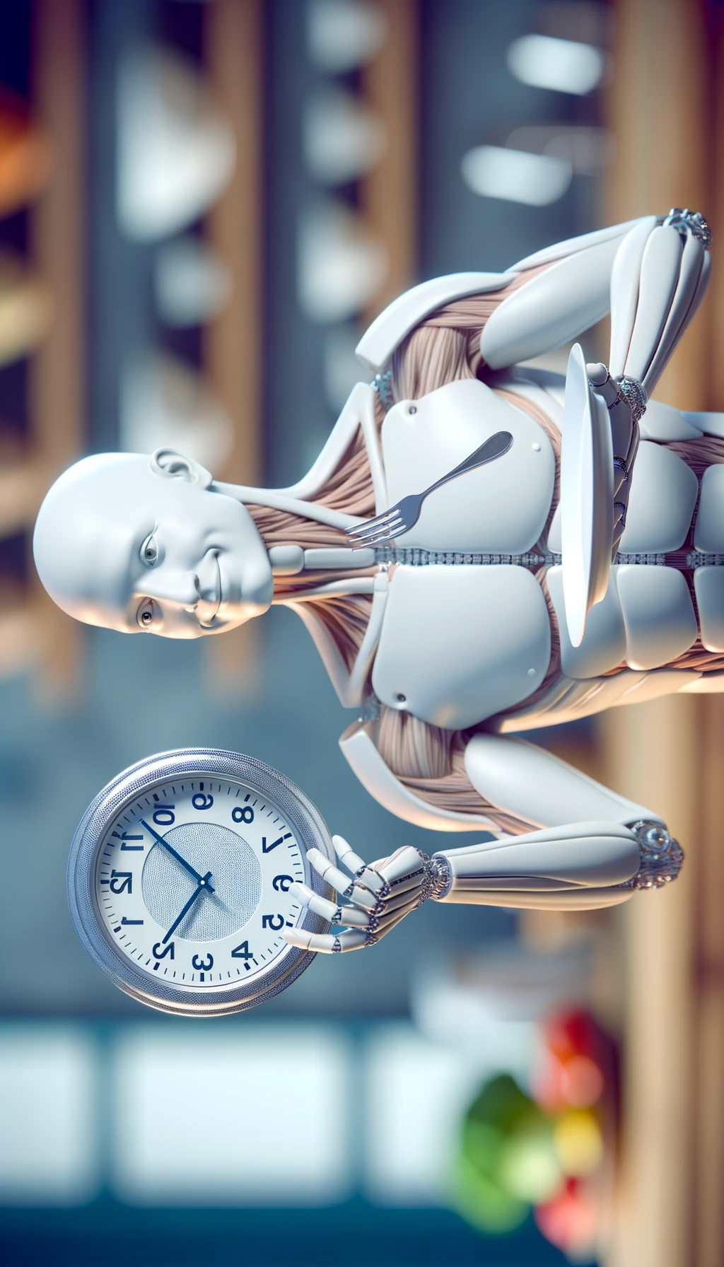 corpo umano anatomico, che tiene in mano un piatto bianco con la lancette di un orologio sopra, figura visibile fino ai fianchi, espressione del volto soddisfatta, sullo sfondo la sua cucina sfocata, iperrealistico 4k emoji