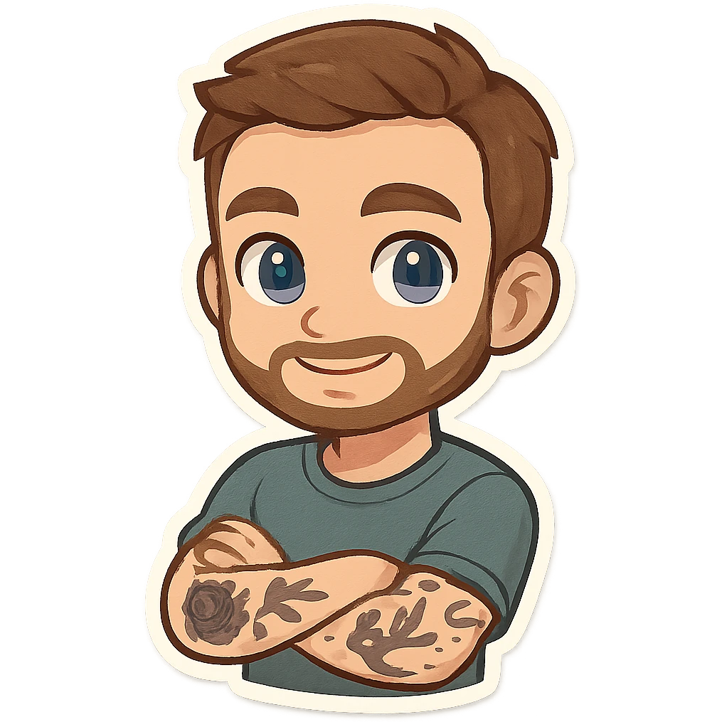 young man, 25, blue eyes, brown hair, short beard, tattoos on left arm, arms crossed, smiling, cartoon emoji style emoji